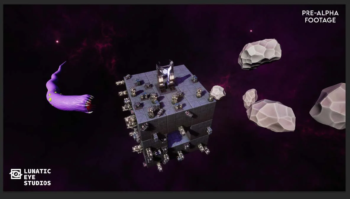 Cold Home pre-alpha footage: a cubic space colony surrounded by asteroids and a purple creature, with the Lunatic Eye Studios logo.