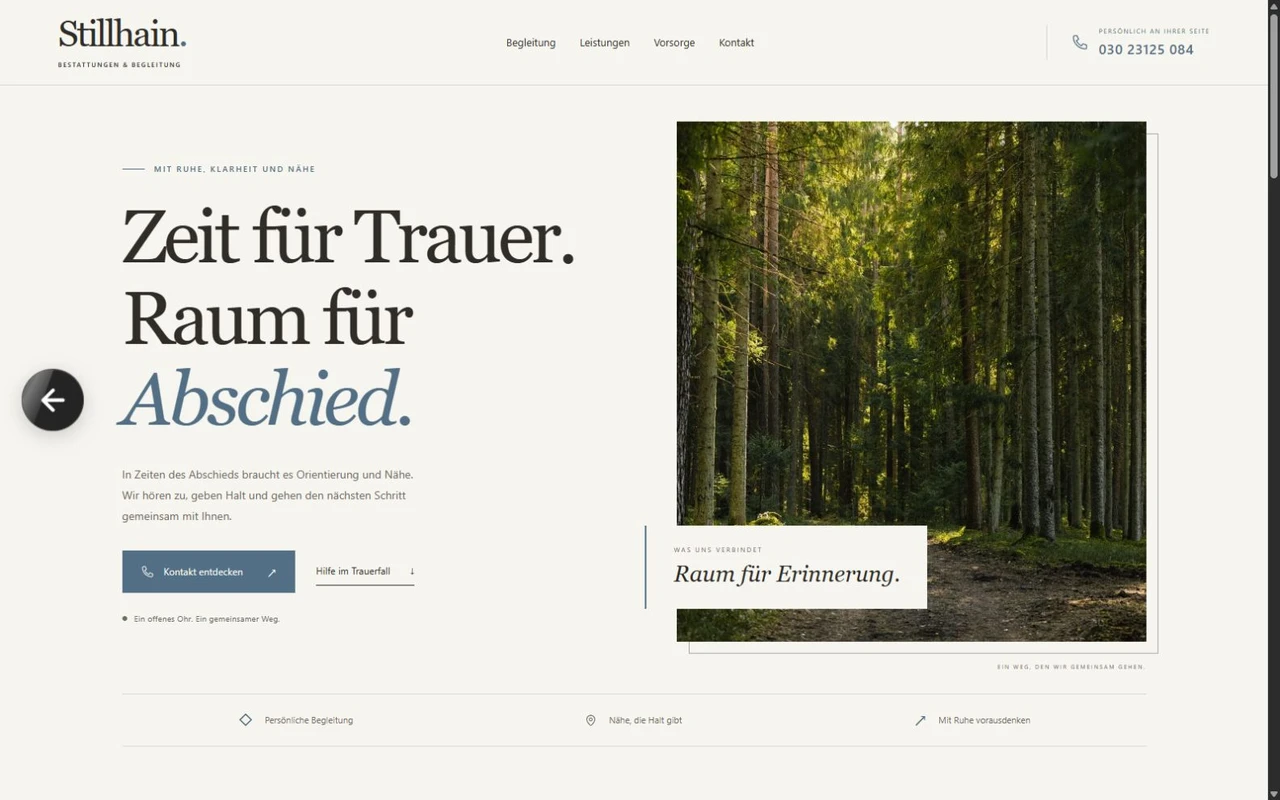 Website-Konzept Stillhain: ruhiges, redaktionelles Webdesign für ein fiktives Bestattungsunternehmen